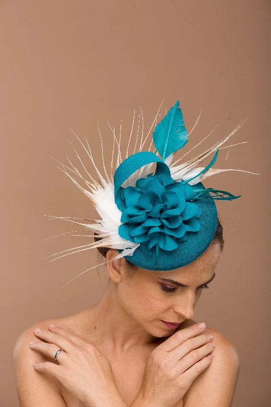 Fascinator Hat Teal With White and Gold feathers (Annamarie)