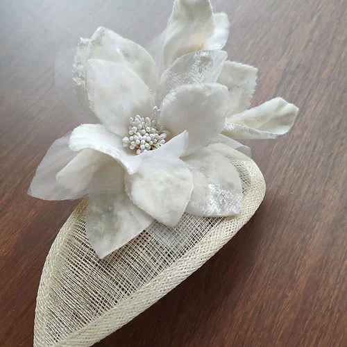 Beige teardrop mini headwear fascinator with velvet flowers ideal for ages 3-6