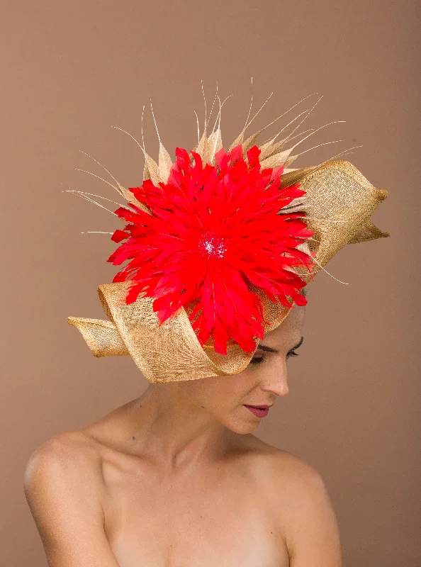 Gold Fascinator With Red Feather Flower Pop (Bellerose)