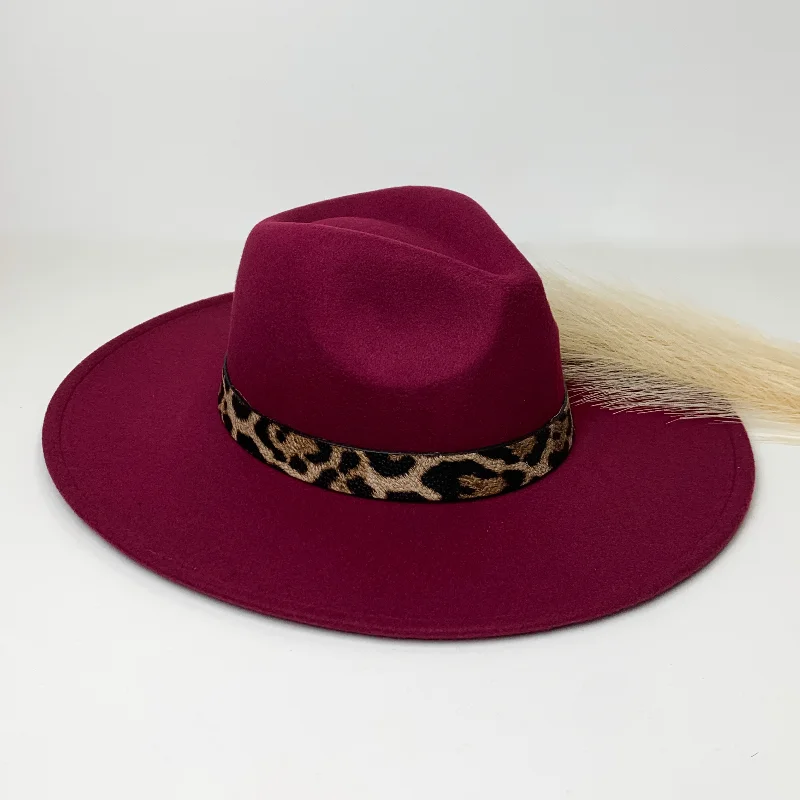 Best of Me Rancher Faux Felt Hat with Leopard Print Hat Band in Burgundy