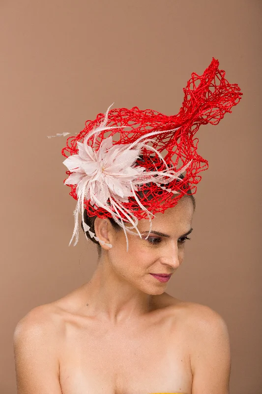 Red Fascinator With Light Pink Flower (Brielle)