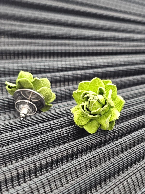 Daniele- Bright Green Leather Flower Stud Earrings