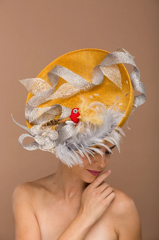 Rachel- Large gold chic fascinator with birds in its nest