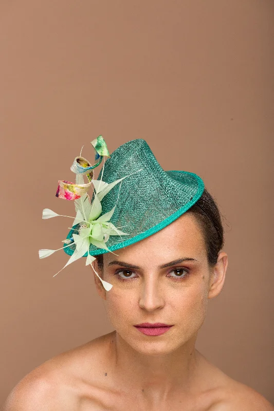 Sarah- green fascinator with colorful twirl and lime green flower