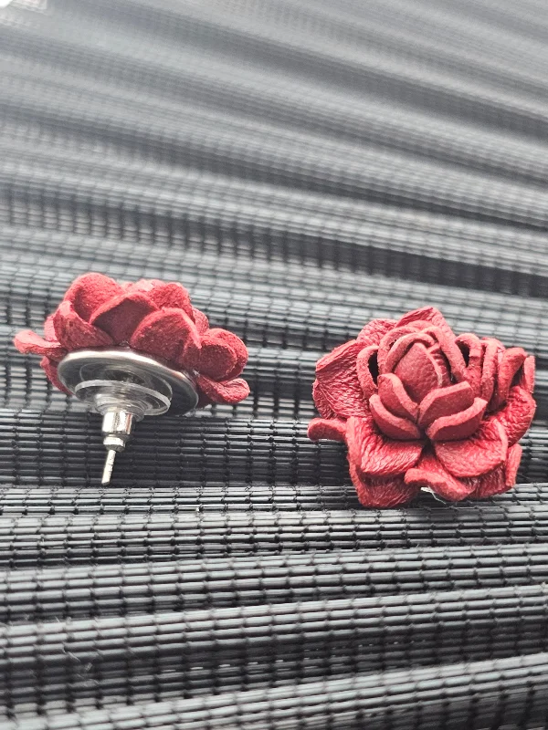 Rosey- Chic Red Leather Flower Stud Earrings