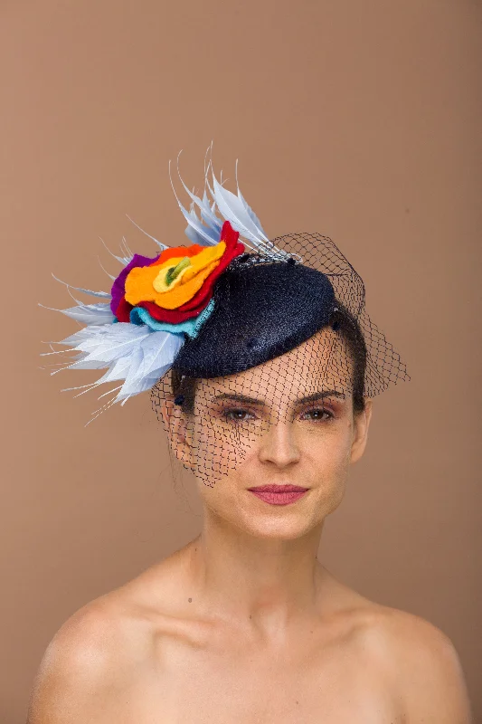 Navy Fascinator With Birdcage Veil (Foxglove)