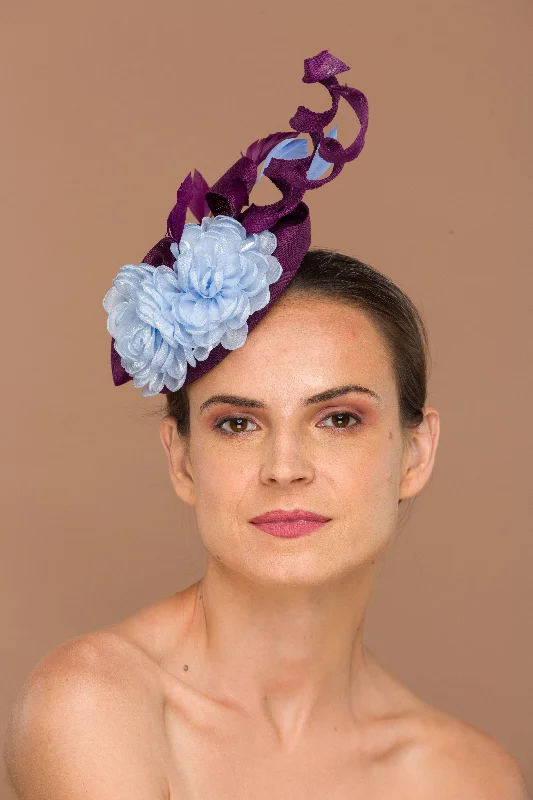 Cute Purple Fascinator With Blue Flower Trims (Giselle)