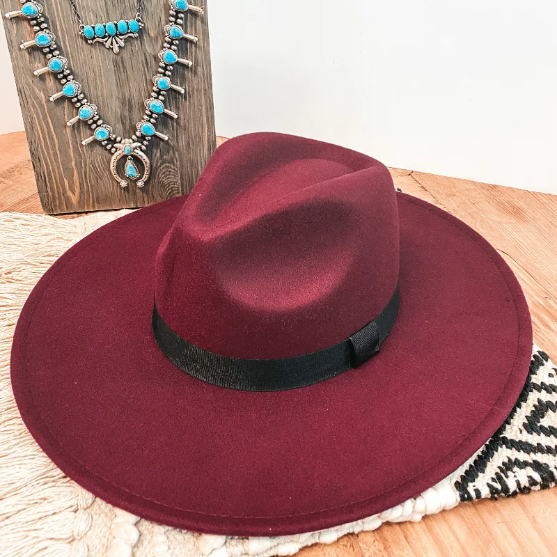 Gone for the Day Faux Felt Hat with Black Band in Burgundy