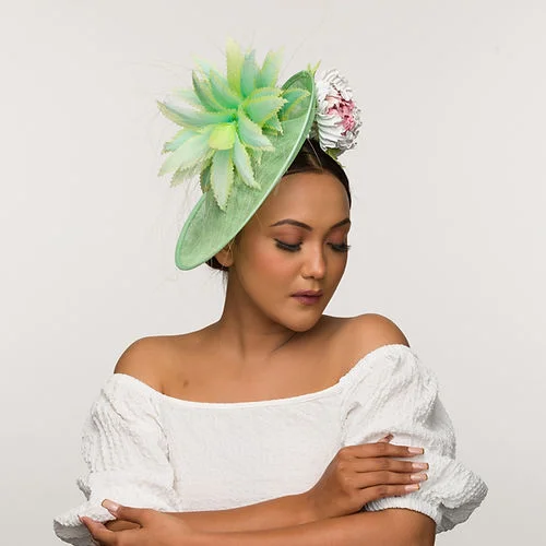 Kentucky Derby Fascinator Pastel Green With Leather Flower (Xena)