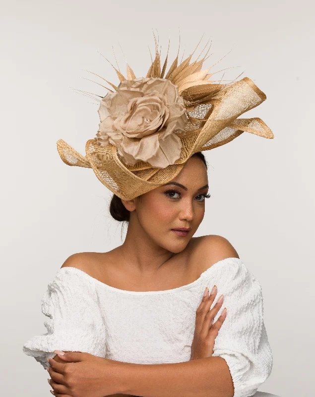 Amber Jenifer- hand sculpted gold fascinator with silk flower