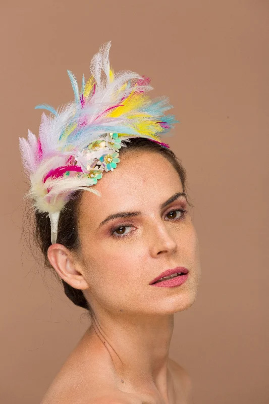 Hosana- Versatile rainbow feathers hairband with golden flowers