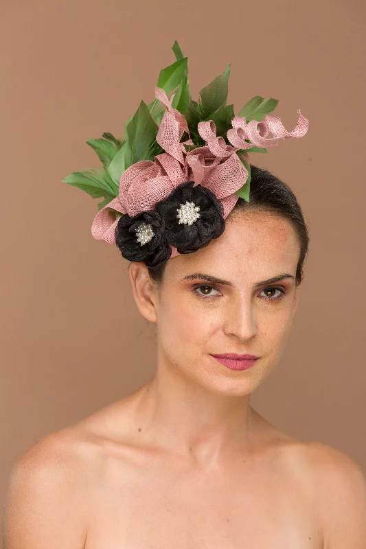 Blush Fascinator With Black Pearl Flowers (Isadora)