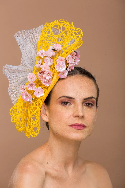 Yellow Fascinator With Pink shimmer (Isolde)