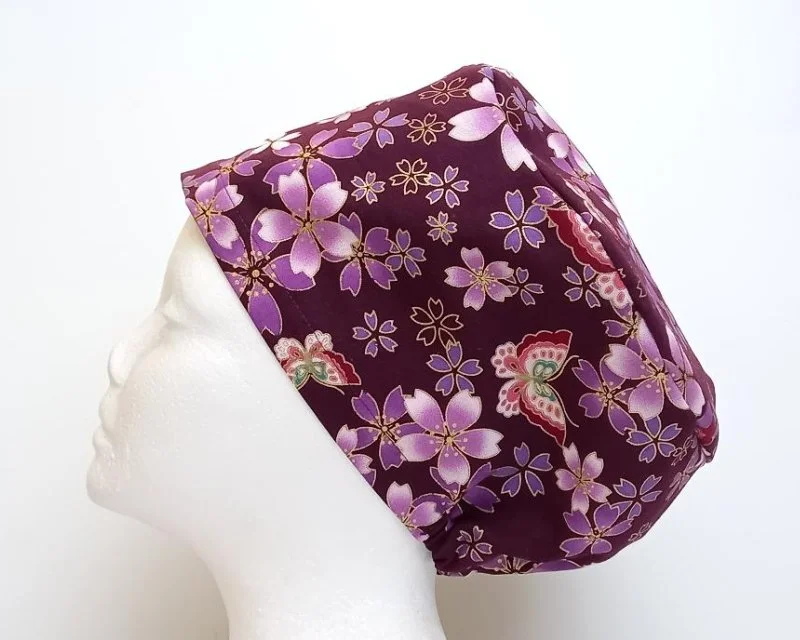 Japanese Sukura Butterflies on Plum Women's Basic Scrub Cap