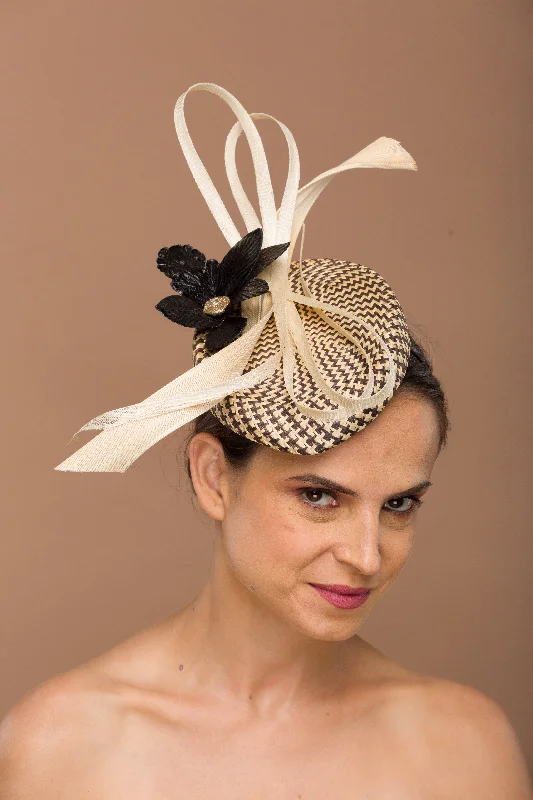 Josie- Black leather flower fascinator with cream twirls