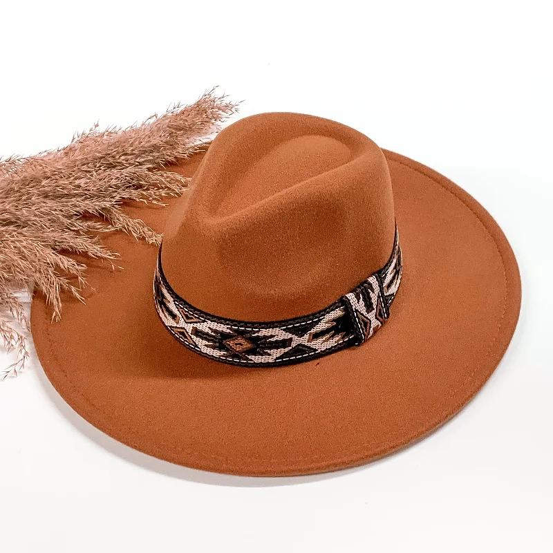 Late Night Talks Rancher Faux Felt Hat with Aztec Print Embroidered Hat Band in Rust Orange