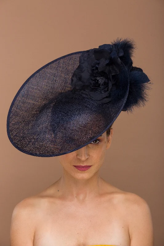 Lauren- classic styled monochrome navy blue fascinator with fur