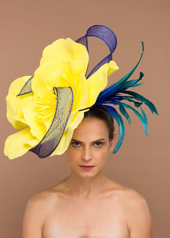 Mariana- Large flower fascinator with blue twirls and feathers