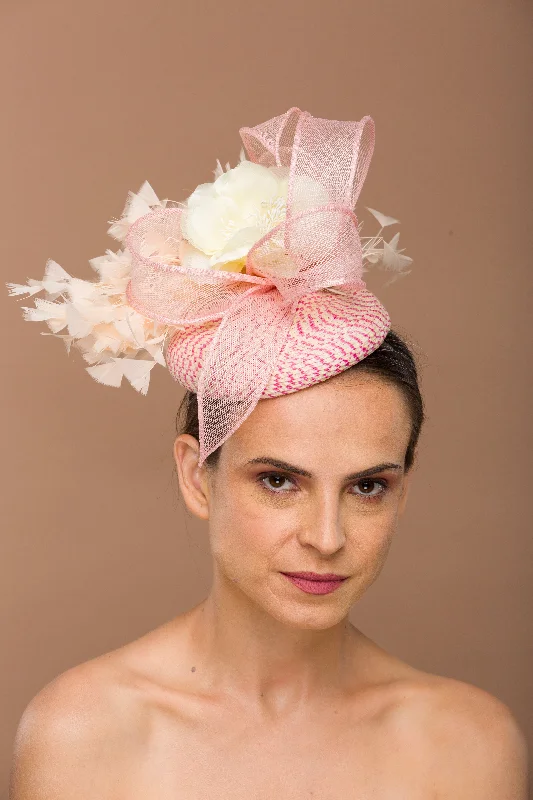 Maya- Pink fascinator base with yellow flower and peach trim