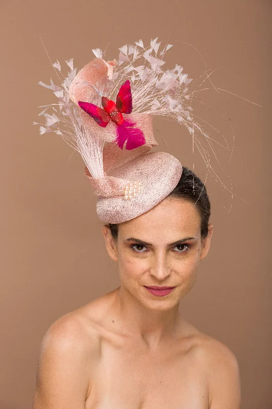 Mia- Pink derby fascinator with pearls and humming bird