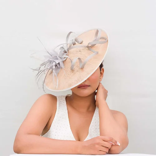 Fascinator Hat Nude Cream Base and Grey Floral Trims (Turb)