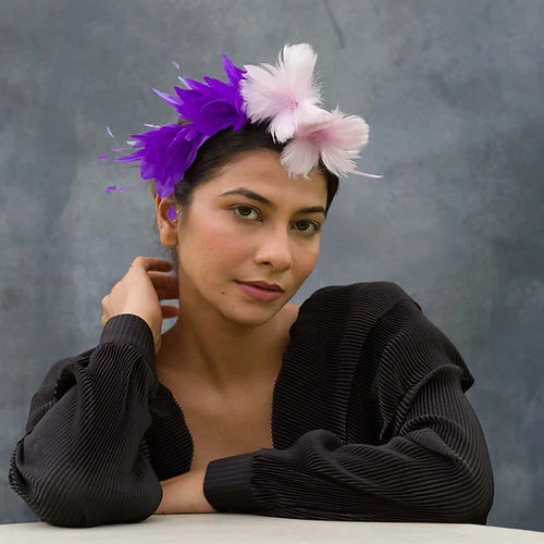 Purple Fascinator With Pink Feather Flowers (Bianca)