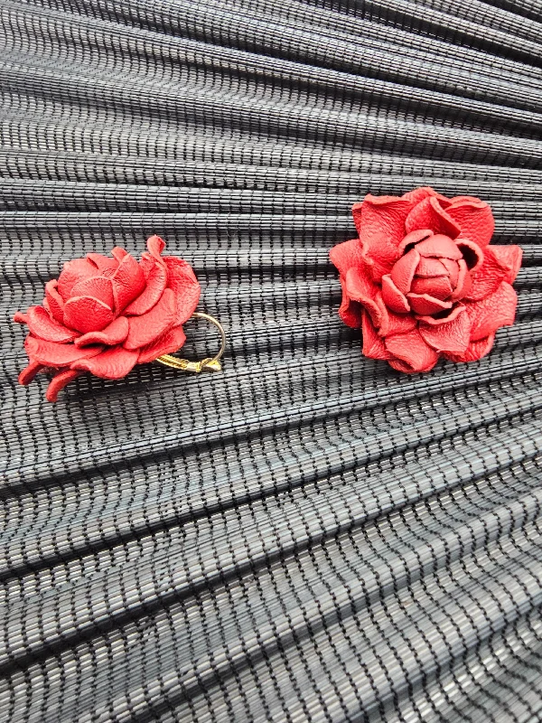 Crystal- Chic Red Leather Flower Earrings