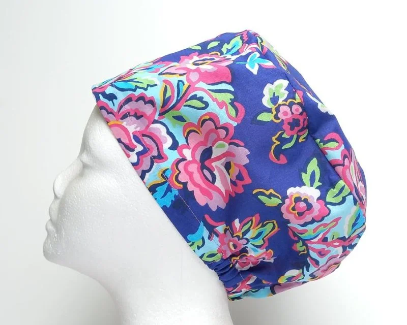 Royal Blue Floral Women's Basic Scrub Cap