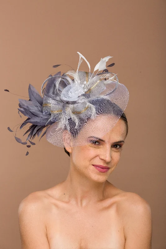 Ruby- grey and silver veil fascinator with grey feathers and pearls