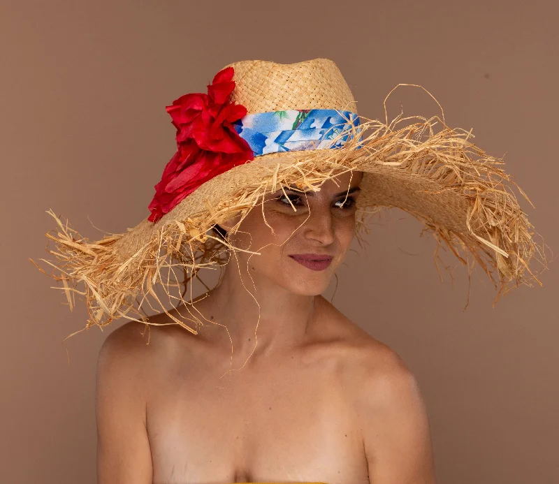 Pepper red- Natural straw sun hat with silk band and flower