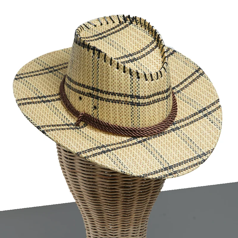 Chokore Vintage Wide-Brim Plaid Straw Cowboy Hat (Beige)