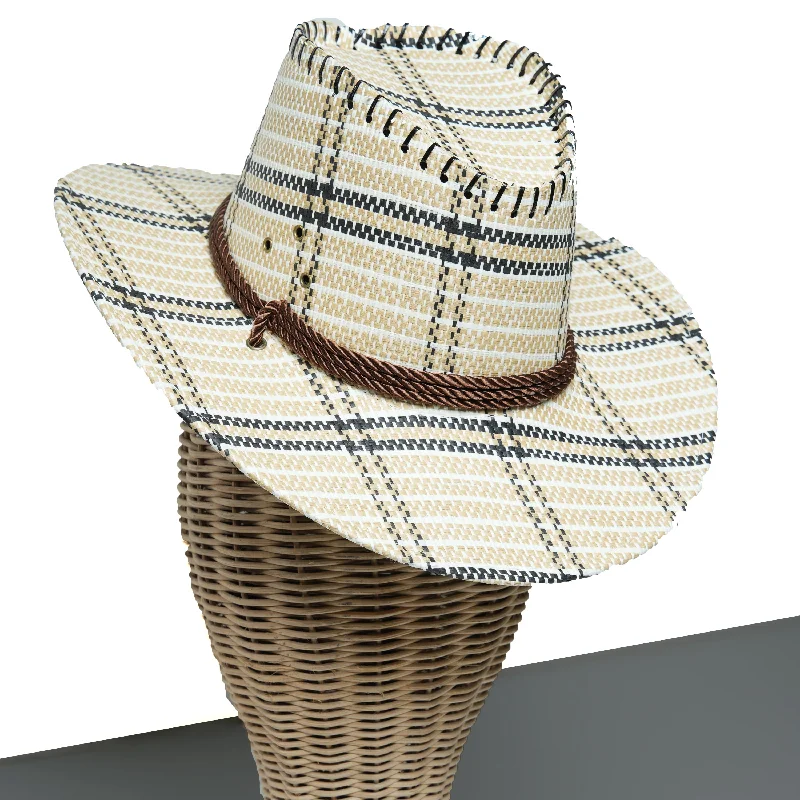 Chokore Vintage Wide-Brim Plaid Straw Cowboy Hat (Off-White)