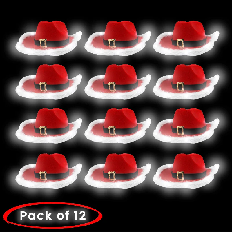 LED Flashing Light Up Santa Claus Red Christmas Cowboy Hats - Pack of 12