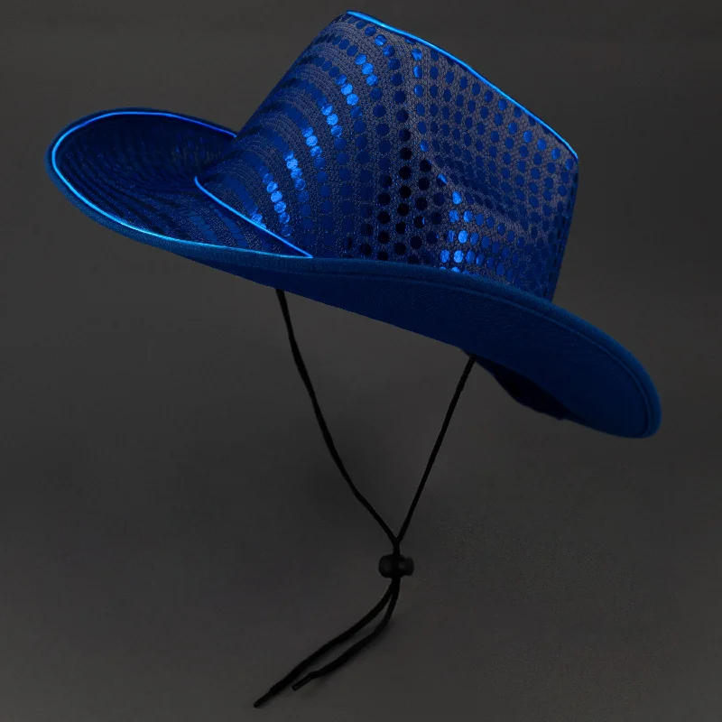 LED Flashing EL Wire Blue Sequin Cowboy Party Hat - Pack of 72 Hats