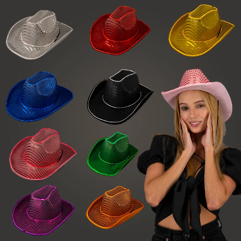 Light Up Flashing EL Wire Sequin Cowboy Hats - 12 Assorted Colors Pack