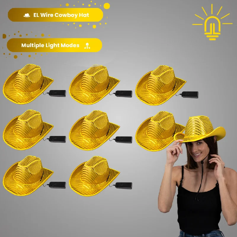 LED Flashing Gold EL Wire Sequin Cowboy Party Hat - Pack of 12 Hats