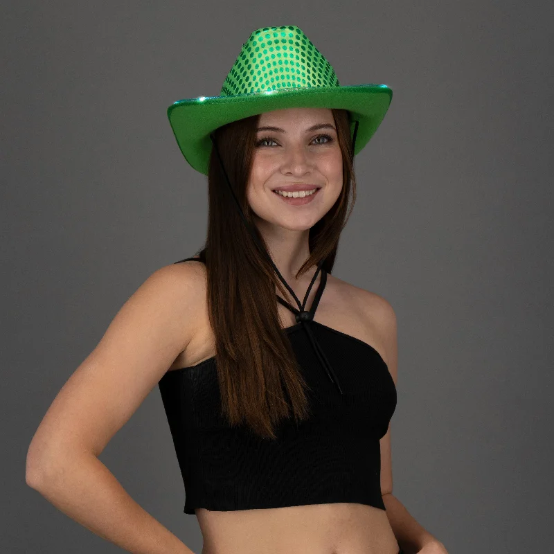 LED Light Up Flashing Green Cowboy Hat With Sequins