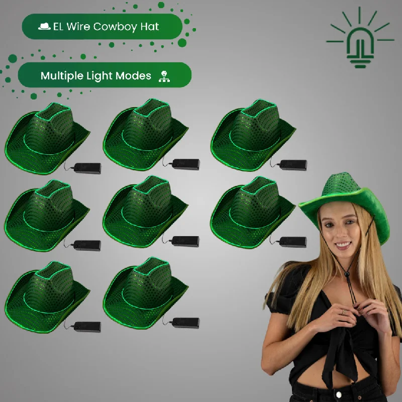 LED Flashing Green EL Wire Sequin Cowboy Party Hat - Pack of 12 Hats