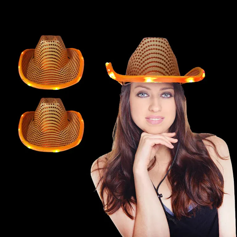 LED Flashing Orange Cowboy Hat With Sequins Pack of 2