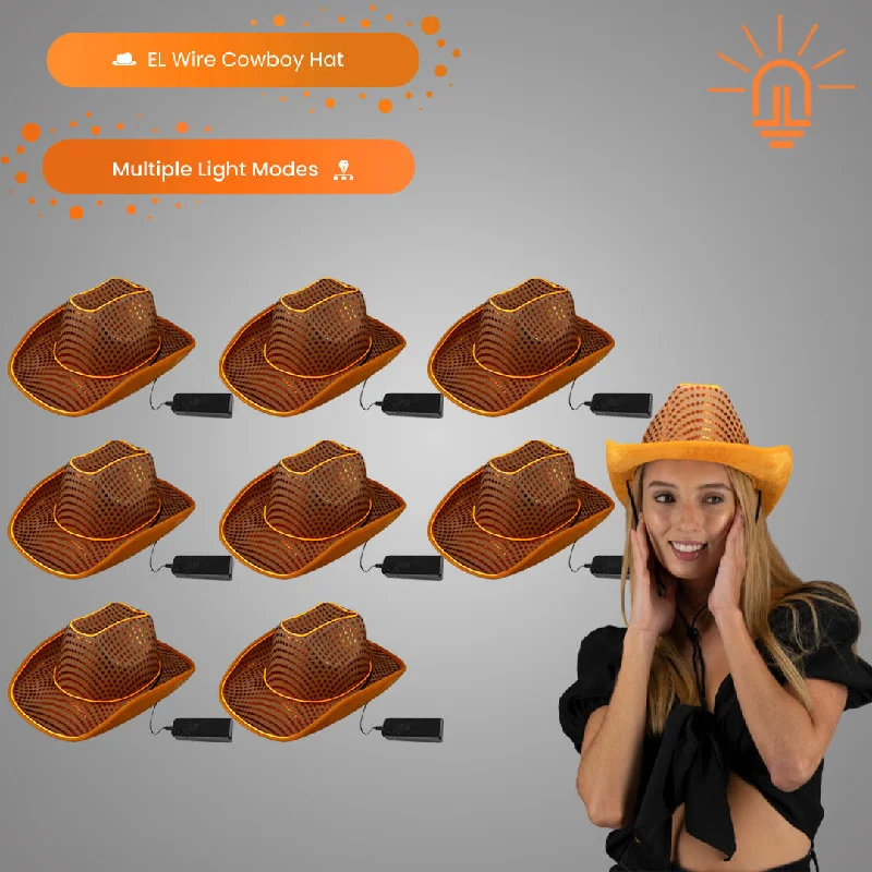 LED Flashing Orange EL Wire Sequin Cowboy Party Hats - Pack of 18