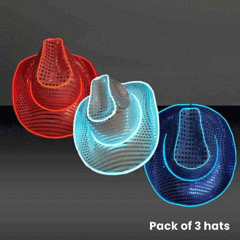 Patriotic LED Light Up Flashing EL Wire Sequin Cowboy Party Hats - Pack of 3