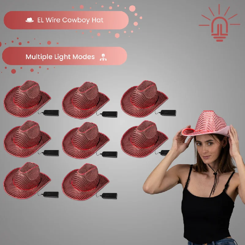 LED Flashing Pink EL Wire Sequin Cowboy Party Hat - Pack of 96 Hats