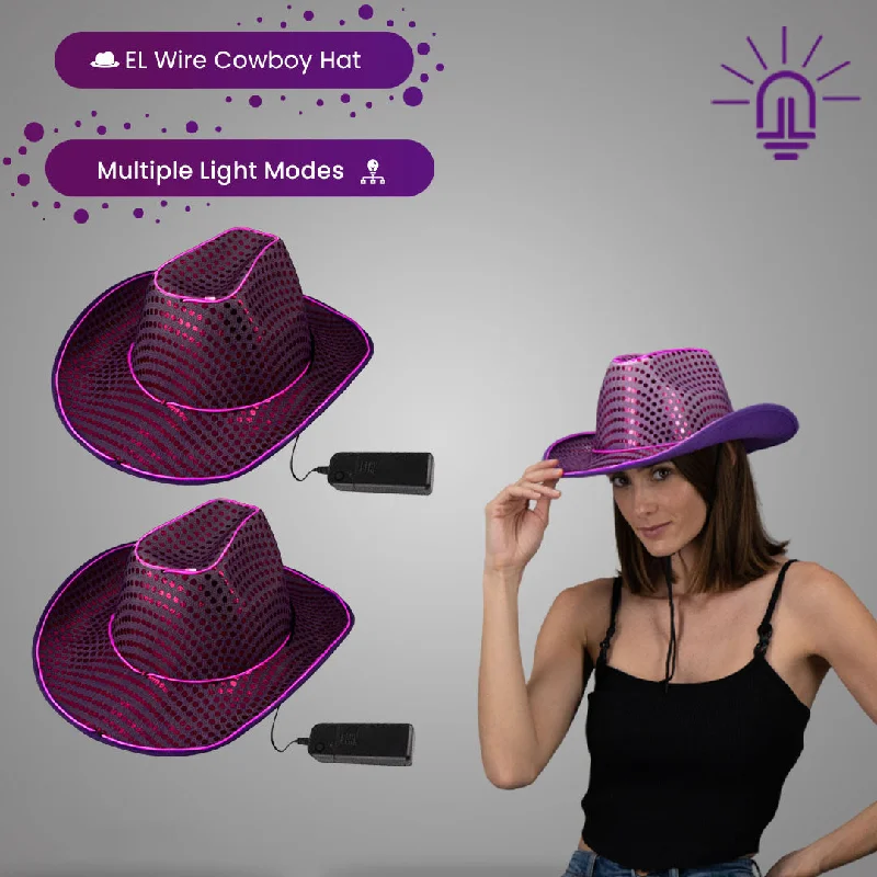 LED Flashing Purple EL Wire Sequin Cowboy Party Hat - Pack of 2