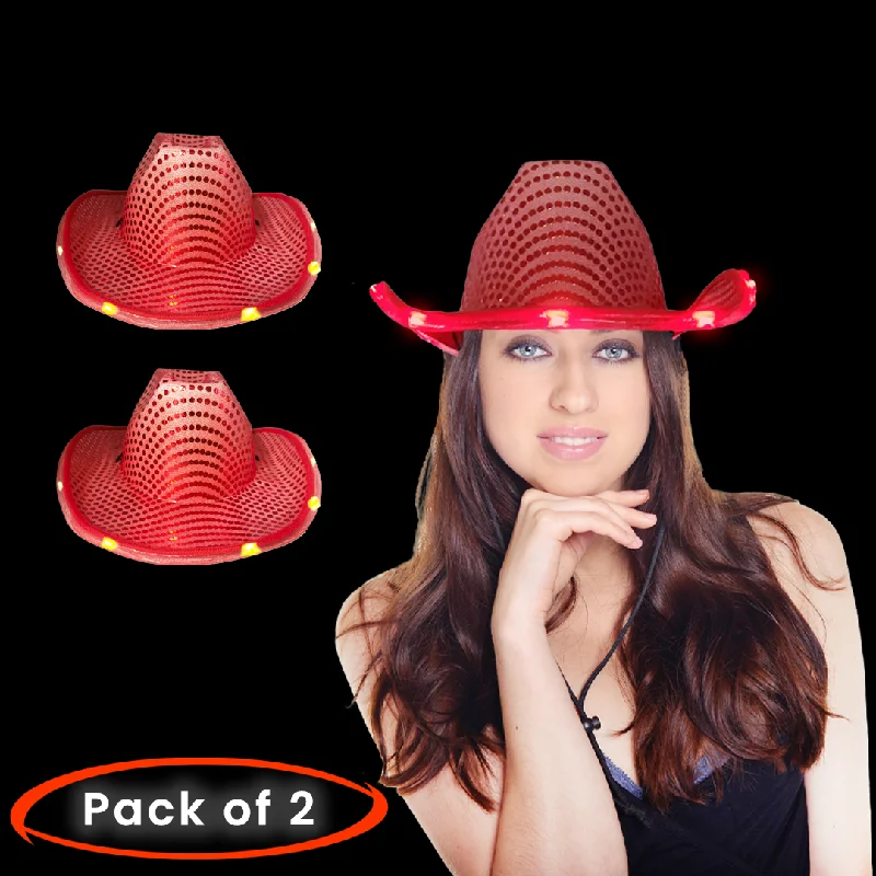 LED Light Up Flashing Red Cowboy Hat With Sequins - Pack of 2 Hats