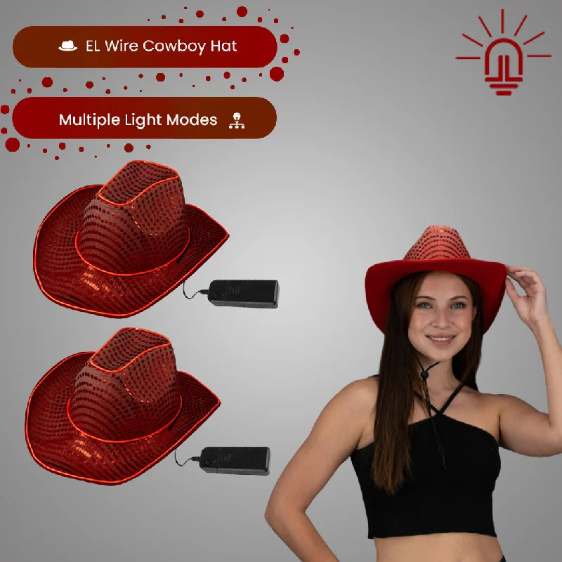 LED Flashing Red EL Wire Sequin Cowboy Party Hat - Pack of 2 Hats