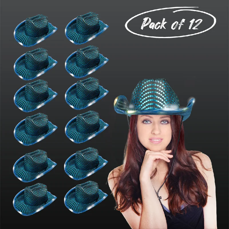 LED Light Up Flashing Sequin Teal Cowboy Hat - Pack of 12 Hats