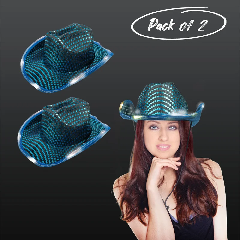 LED Light Up Flashing Sequin Teal Cowboy Hat - Pack of 2 Hats