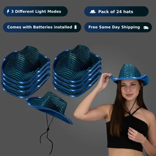 LED Light Up Flashing Sequin Teal Cowboy Hat - Pack of 24 Hats