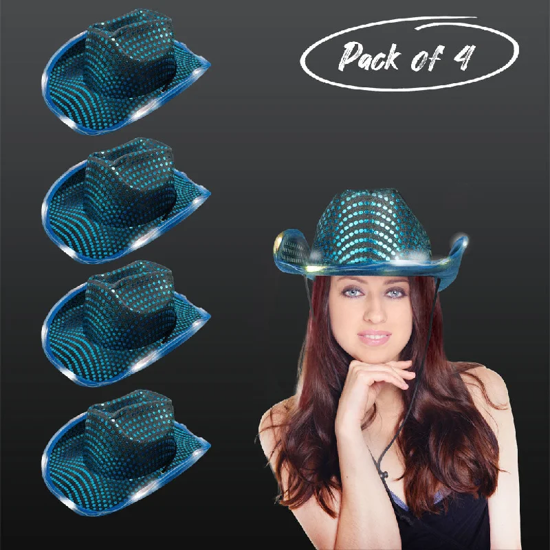 LED Light Up Flashing Sequin Teal Cowboy Hat - Pack of 4 Hats