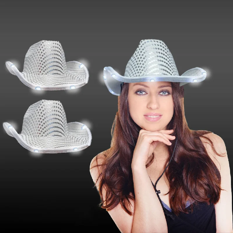 LED Light Up Flashing White Cowboy Hats With Sequins - Pack of 2